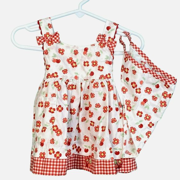 2 Piece Brooks Fitch Baby 3 Month Embroidered Cherry Gingham Sundress & Bandana - Picture 1 of 12